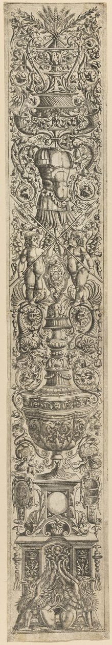 Griffons et deux cupidons croisant des hallebardes, planche cinq des douze panneaux d