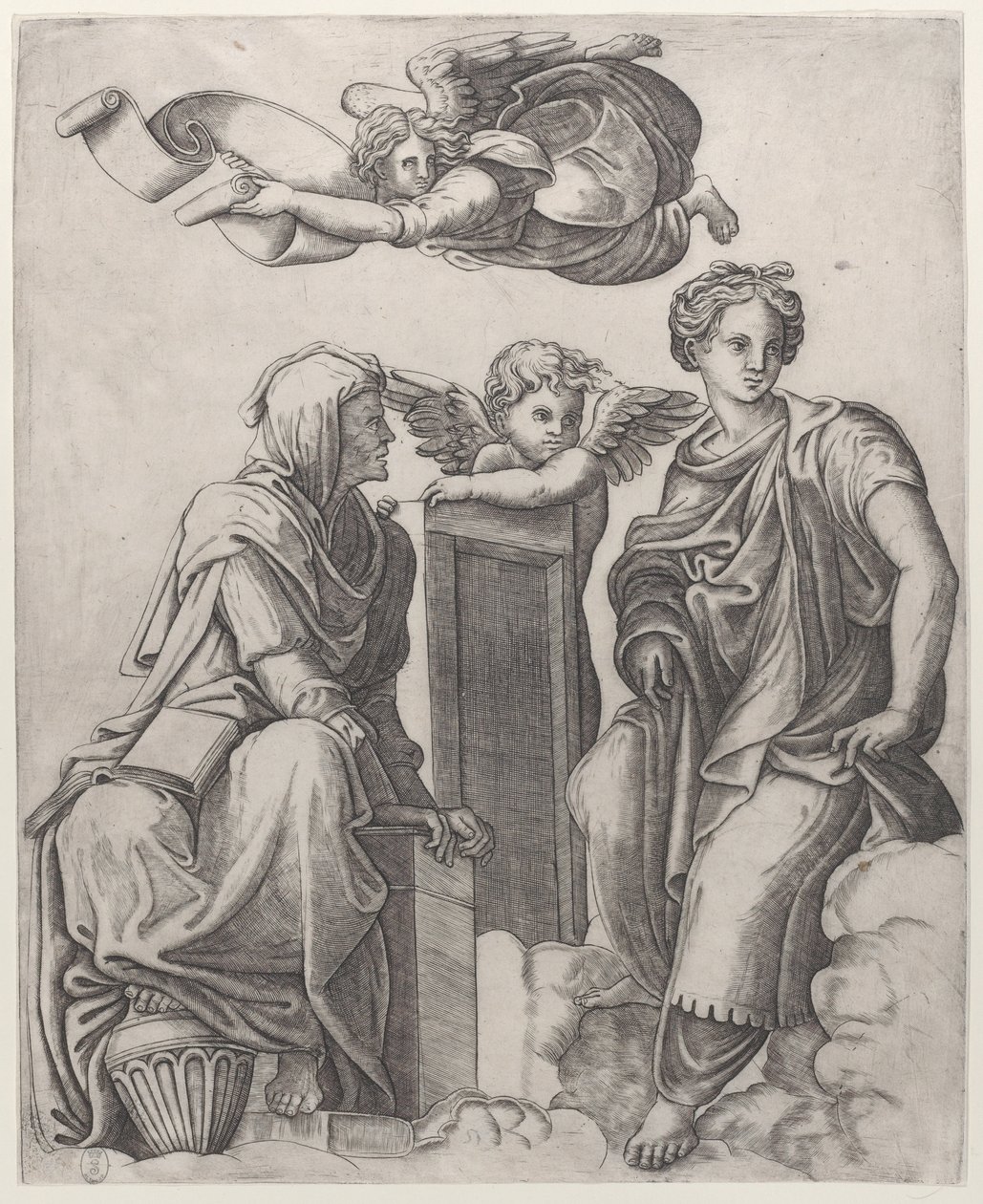 Deux figures féminines assises dans les nuages entourant un ange et un autre volant au-dessus, ca. 1510-25 - Giovanni Antonio da Brescia