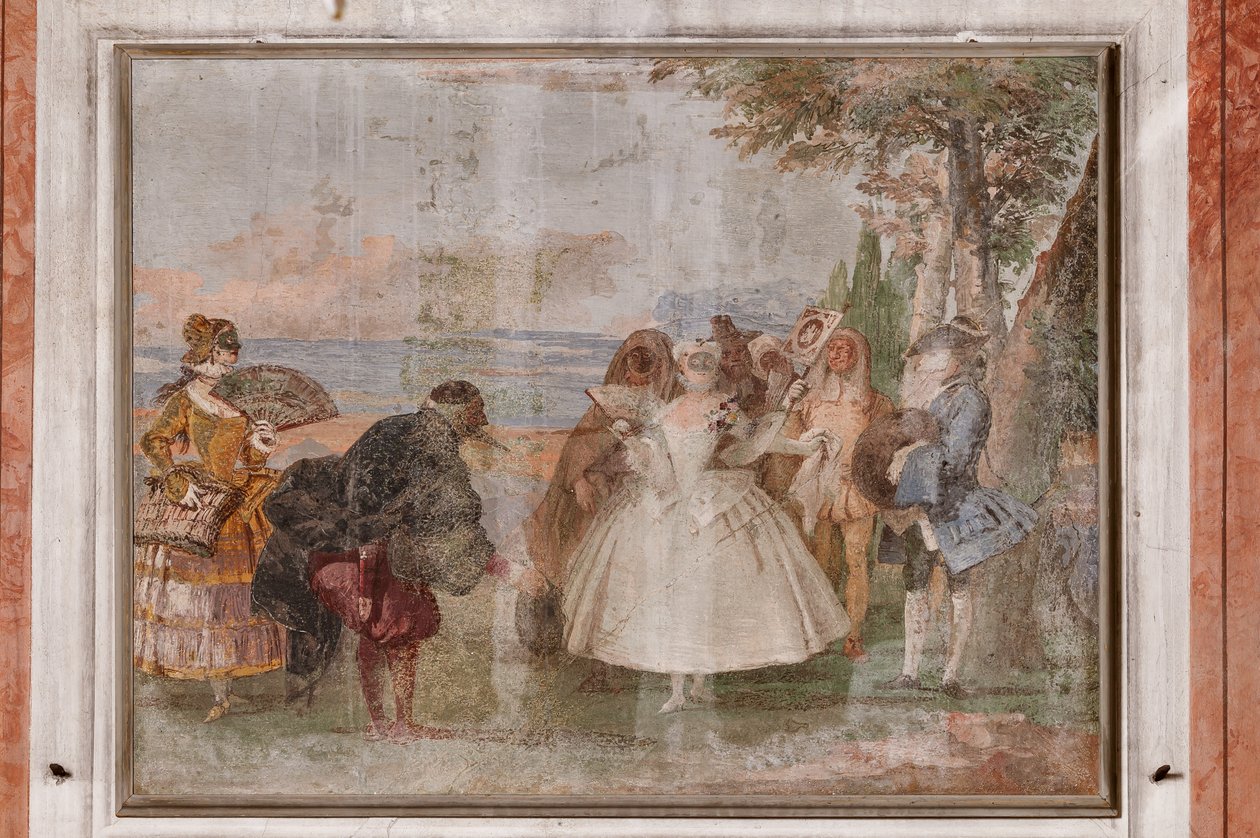 Logements des invités, la chambre des scènes de carnaval : "Pantalone et Colombine", une scène avec des masques - Giovanni Battista Tiepolo