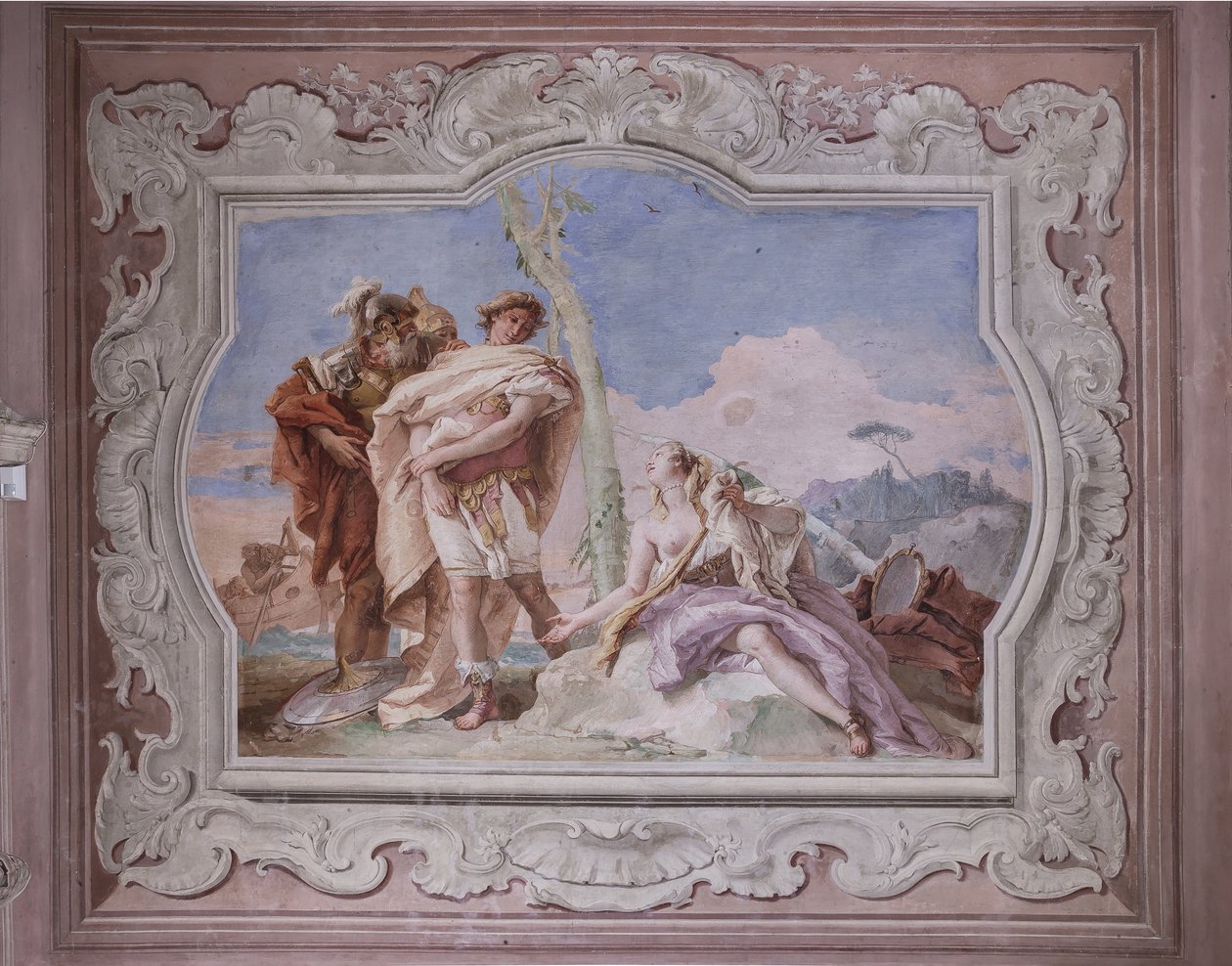 Palazzina : vue de la quatrième salle ou de Torquato Tasso, avec fresques représentant des épisodes de "Jérusalem délivrée" : "Rinaldo, escorté par Ubaldo et Carlo, abandonne Armida" - Giovanni Battista Tiepolo