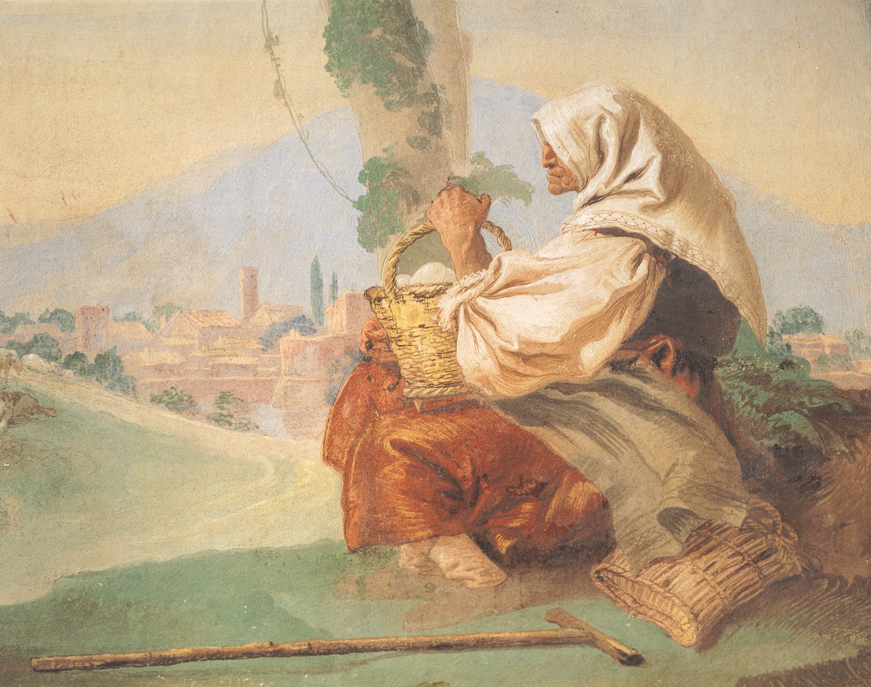 Paysage avec paysan et vieil homme assis, tête couverte par un homme ensanglanté cachant son visage - Giovanni Battista Tiepolo