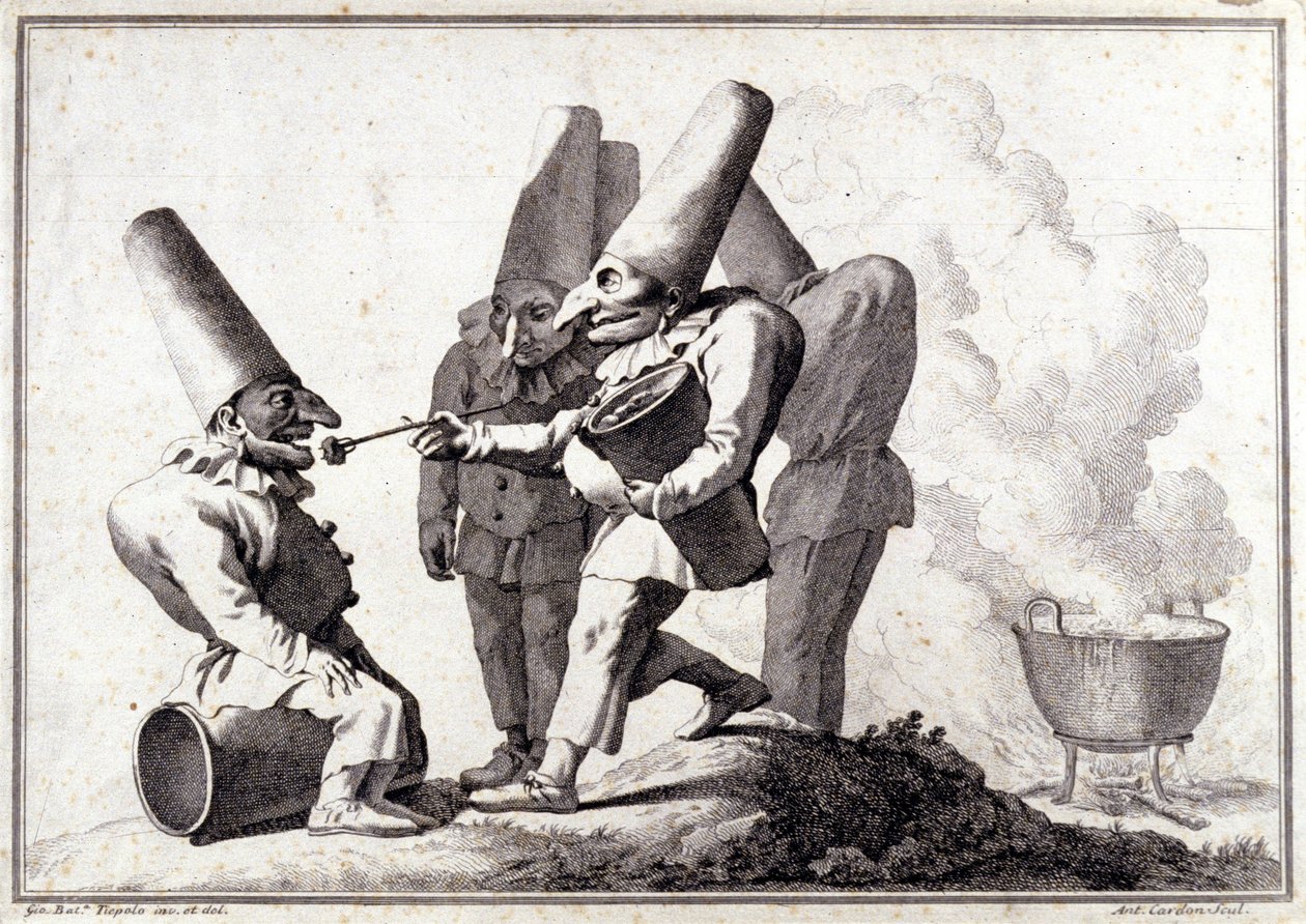 Le groupe de Pulcinella (Polichinelle italien). Dessin à la plume et lavis sur marque de crayon par Giovanni Battista (Giambattista) Tiepolo (1696-1770). - Giovanni Battista Tiepolo