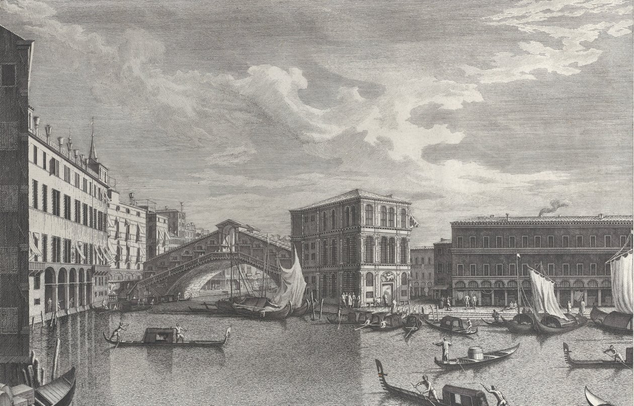 Le pont du Rialto, Venise, avec des bateaux et des gondoles dans l
