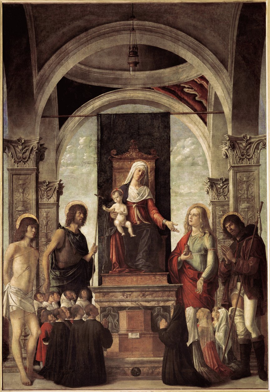 Conversation sacrée, vierge avec enfant entourée de Saint Jean-Baptiste, Saint Sébastien, Saint Roch, Sainte Marie-Madeleine - Giovanni Battista Cima da Conegliano