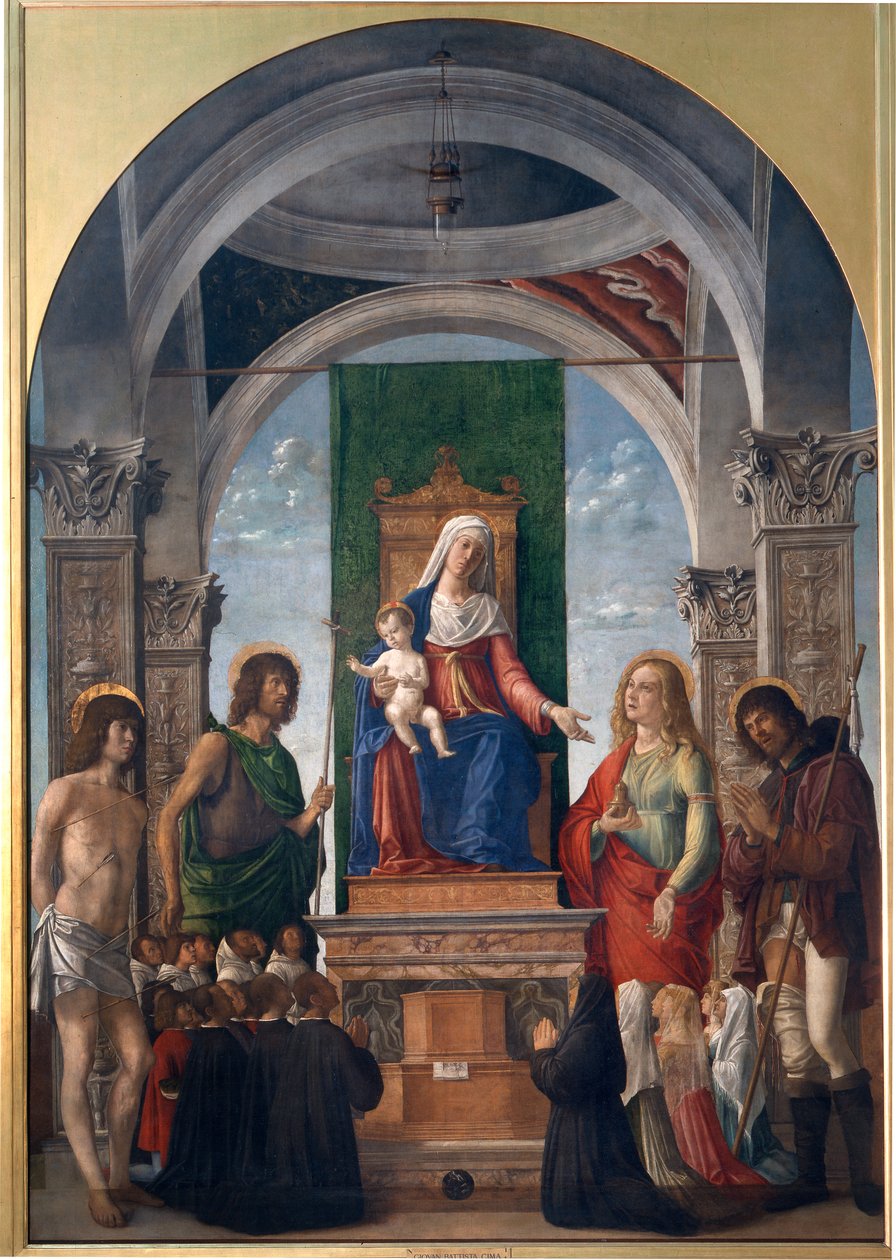Madone et enfant en majesté avec Saint Sébastien, Saint Jean-Baptiste, Sainte Marie-Madeleine, Saint Roch et des membres de la Confrérie de San Giovanni Evangelista - Giovanni Battista Cima da Conegliano