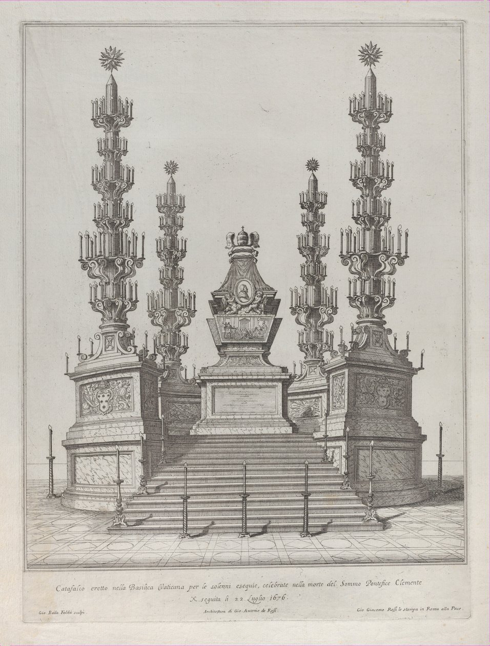 Catafalque pour le Pape Clément X: une structure centrale élevée sur une plateforme à 15 marches - Giovanni Battista Falda