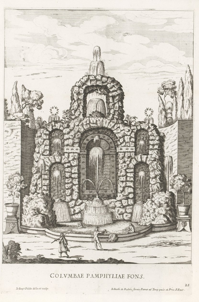 Fontaine avec des colombes dans les jardins de la Villa Doria Pamphilj à Rome - Giovanni Battista Falda