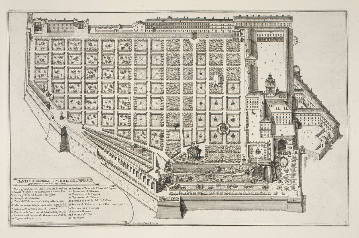 Jardin papal et Palais du Quirinal, de Il Nuovo Teatro della Fabriche et Edifici in Prospettiva di Roma Moderna, publié vers 1665-69 - Giovanni Battista Falda