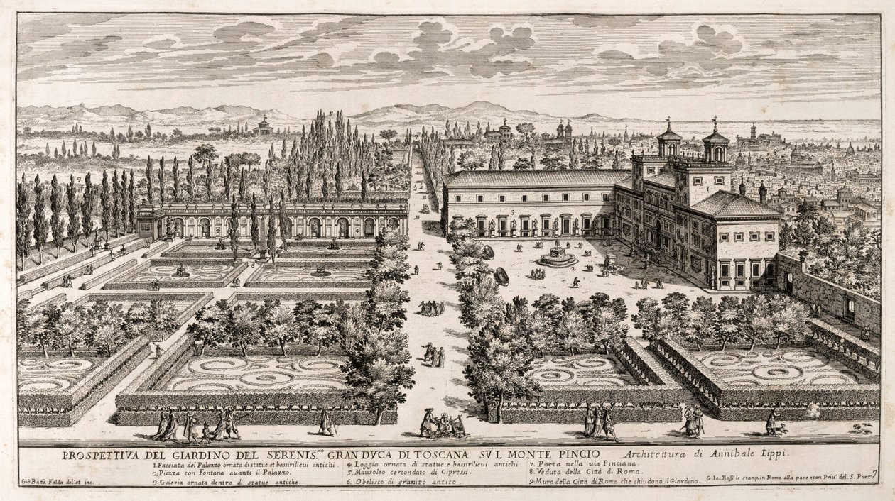 Perspective des jardins de la Villa Médicis à Rome, gravure de Li Giardni (Les Jardins) par Giovanni Battista Falda (1640 ou 1643-1678) - Giovanni Battista Falda