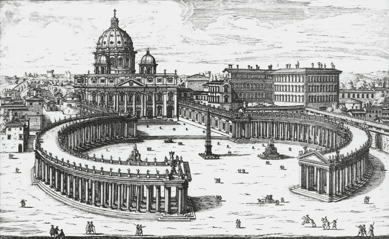 Cité du Vatican, vue de la Piazza San Pietro avec la basilique Saint-Pierre et les palais du Vatican, gravure de Giovanni Battista Falda. 1665 - Giovanni Battista Falda