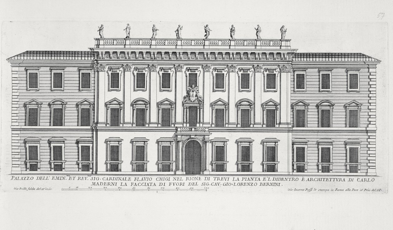 Vue de la façade du Palazzo Chigi, Rome, conçu par Matteo di Castello, Carlo Maderno (1556-1629) et Giovanni Bernini (1598-1680) - Giovanni Battista Falda