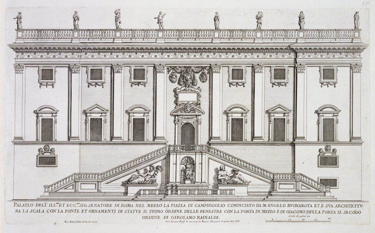 Vue de la façade du Palazzo Senatorio sur la Piazza del Campidoglio, Rome, commencé par Michel-Ange Buonarroti (1475-1564) et achevé par Girolamo Rainaldi (1570-1655) - Giovanni Battista Falda