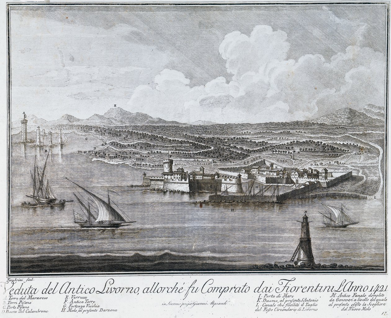 Vue du port de Livourne lors de son achat par les Florentins en 1421, gravure de la Collection des meilleures vues de la ville et du port de Livourne - Giovanni Battista Guerazzi