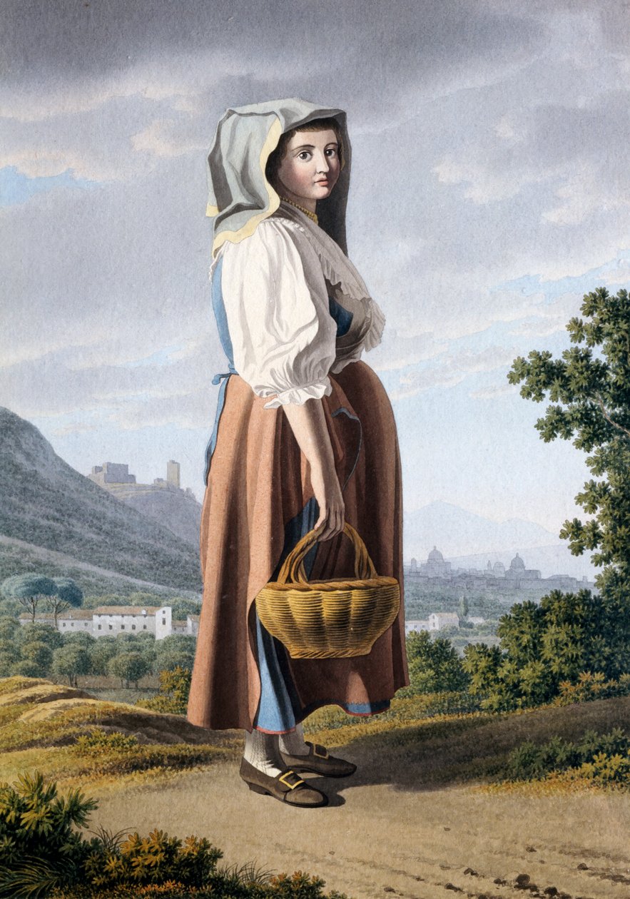 Paysanne en arrière-plan de Maddaloni, par Giovan Battista Lusieri (vers 1755-1821), aquarelle sur papier 32x23 cm, Italie - Giovanni Battista Lusieri