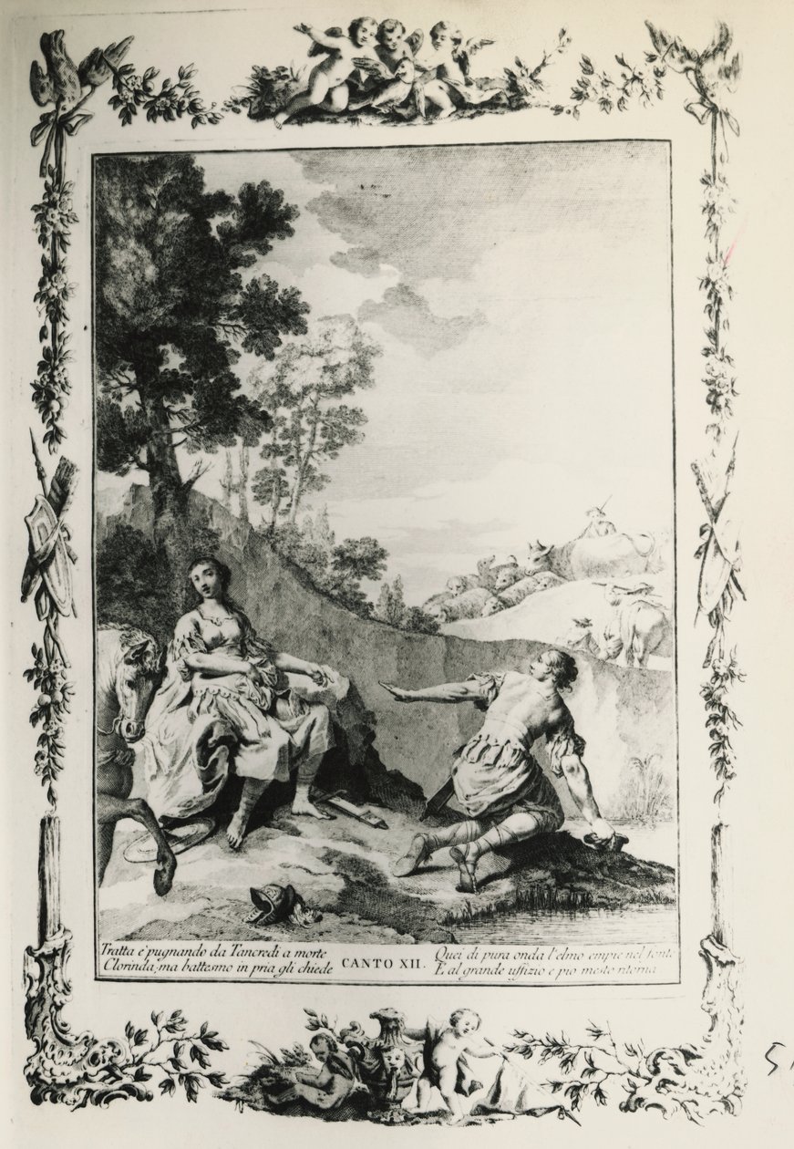 Jérusalem délivrée, chant XII, illustration de Giovanni Battista Piazzetta pour le poème de Torquato Tasso, édition publiée à Venise en 1745, Italie - Giovanni Battista Piazzetta