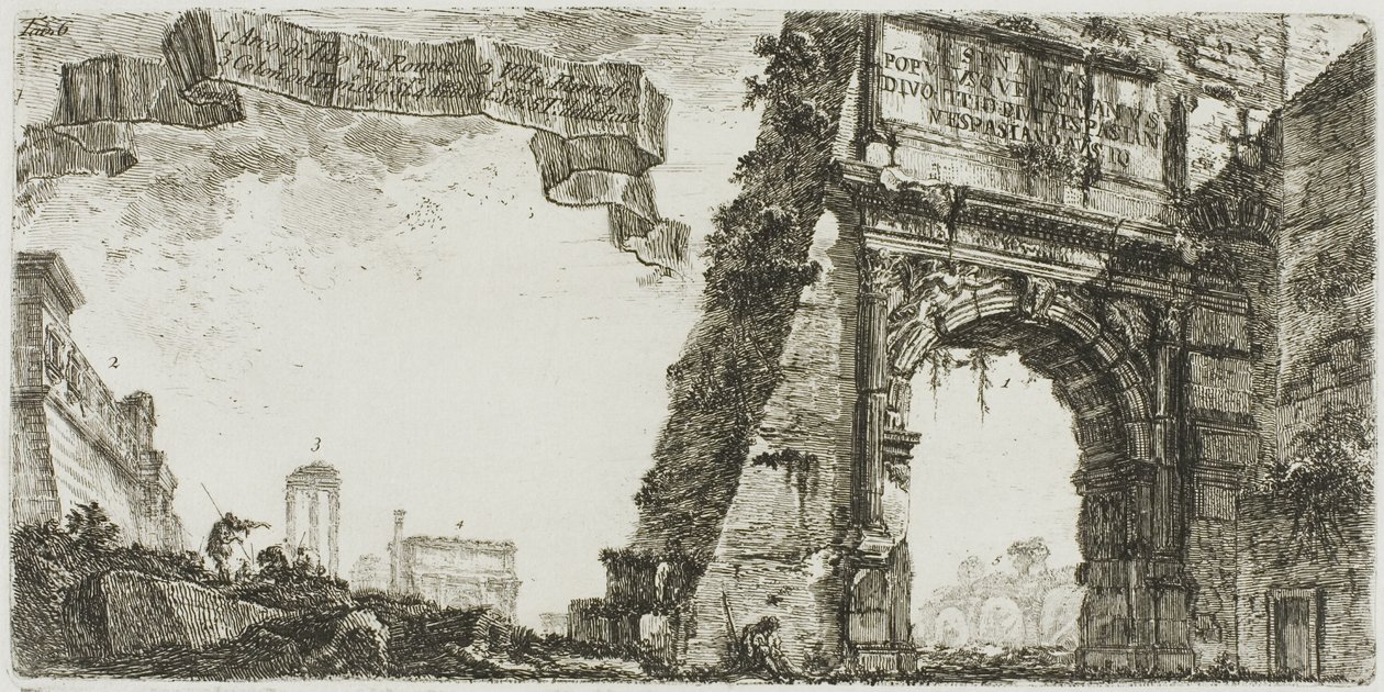 1. Arc de Titus. 2. Villa Farnese. 3. Colonnes du Temple de Jupiter Stator. 4. Arc de Septime Sévère. 5. Temple de la Paix, planche six de Quelques vues d