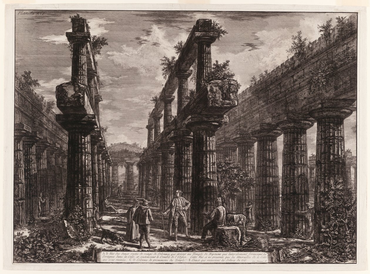 A., B. Vue des restes des deux rangées de colonnes dans le Temple de Neptune qui formaient à l