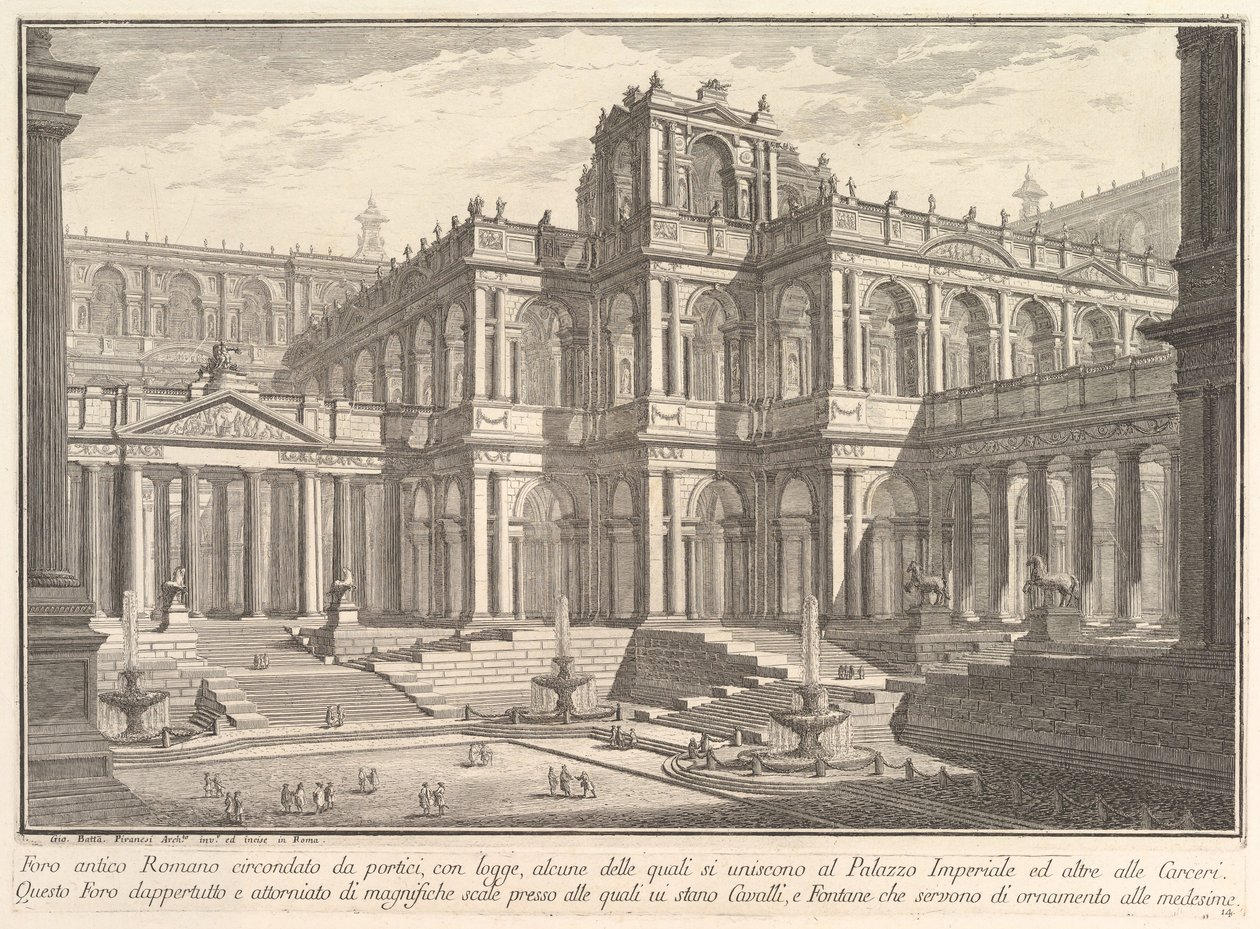 Forum romain antique entouré de portiques, avec des loggias, dont certaines communiquent avec..., vers 1750 - Giovanni Battista Piranesi
