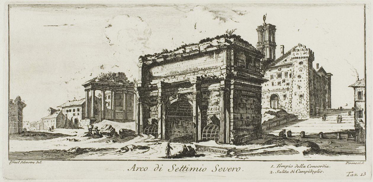 Arc de Septime Sévère. 1. Temple de la Concorde. 2. Montée vers la colline du Capitole, planche 13 de Quelques vues d