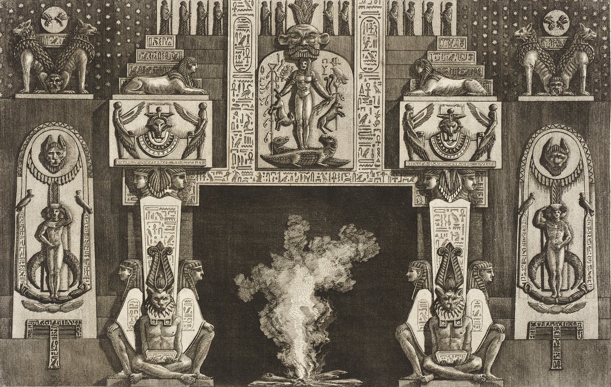 Cheminée de style égyptien : groupes de trois figures accroupies sur chaque jambage - Giovanni Battista Piranesi