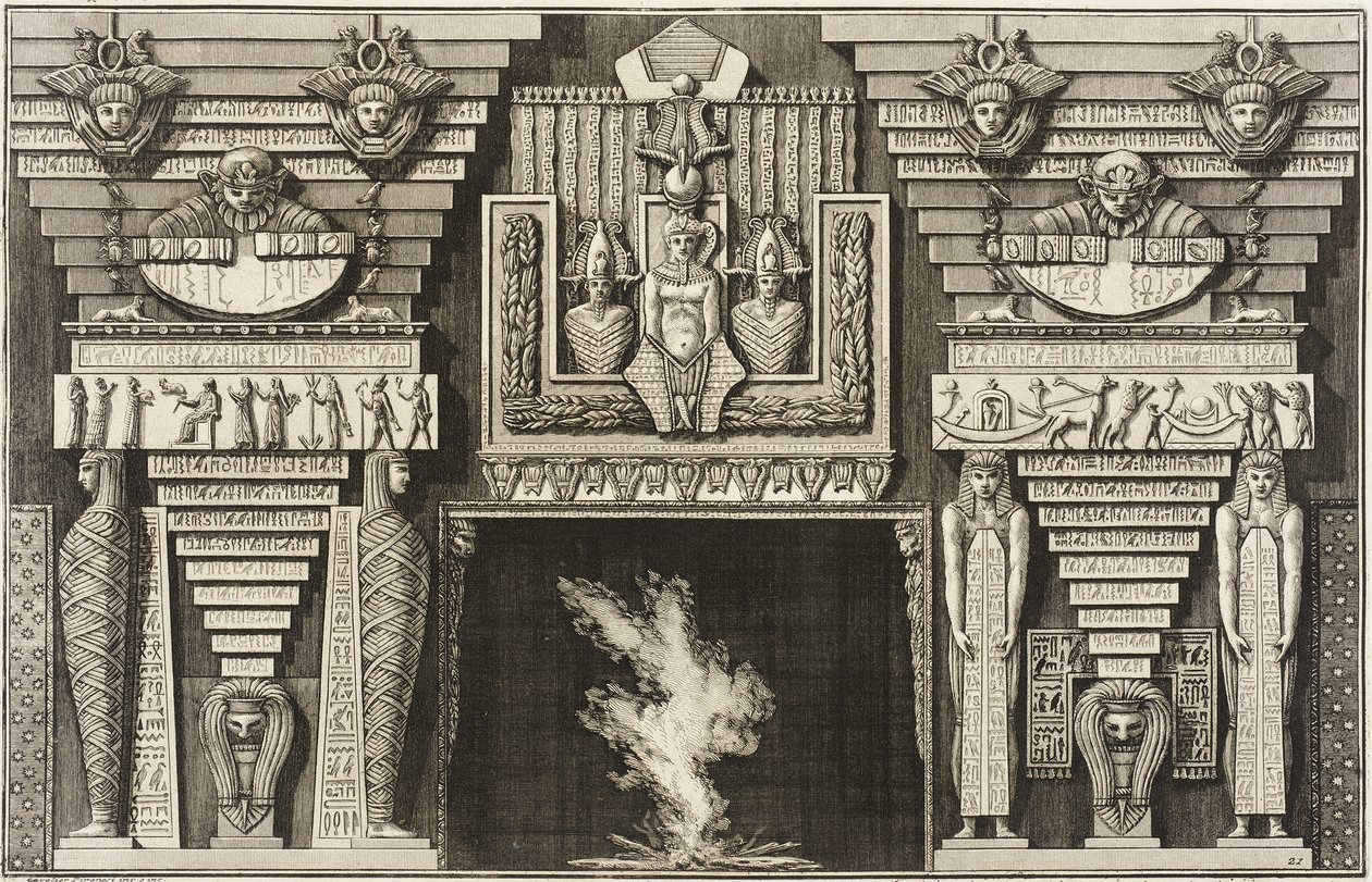 Cheminée de style égyptien : deux momies de profil à gauche et deux figures portant des obélisques à droite. - Giovanni Battista Piranesi