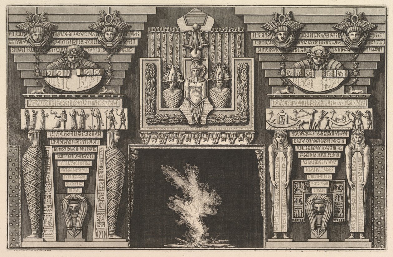 Cheminée de style égyptien : Deux momies de profil à gauche et deux figures..., vers 1769 - Giovanni Battista Piranesi