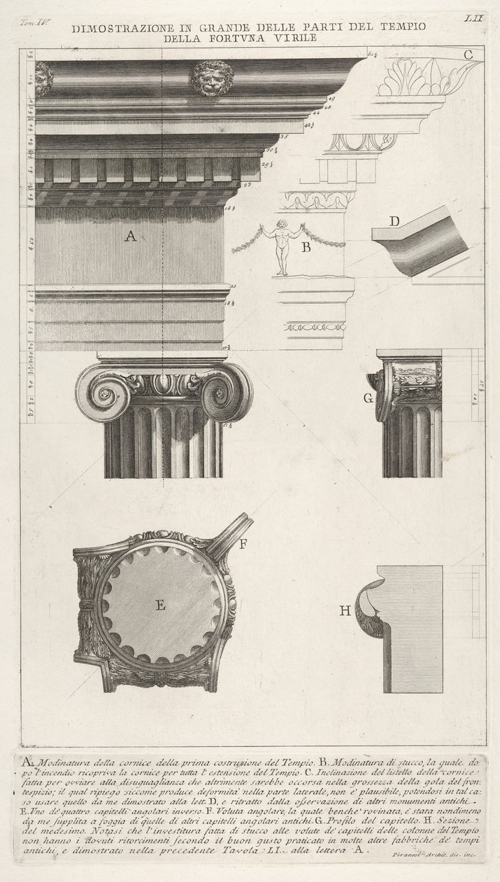 Corniche et colonne du Temple de Fortuna Virilis (Tempio della Fortuna Virile), de - Giovanni Battista Piranesi