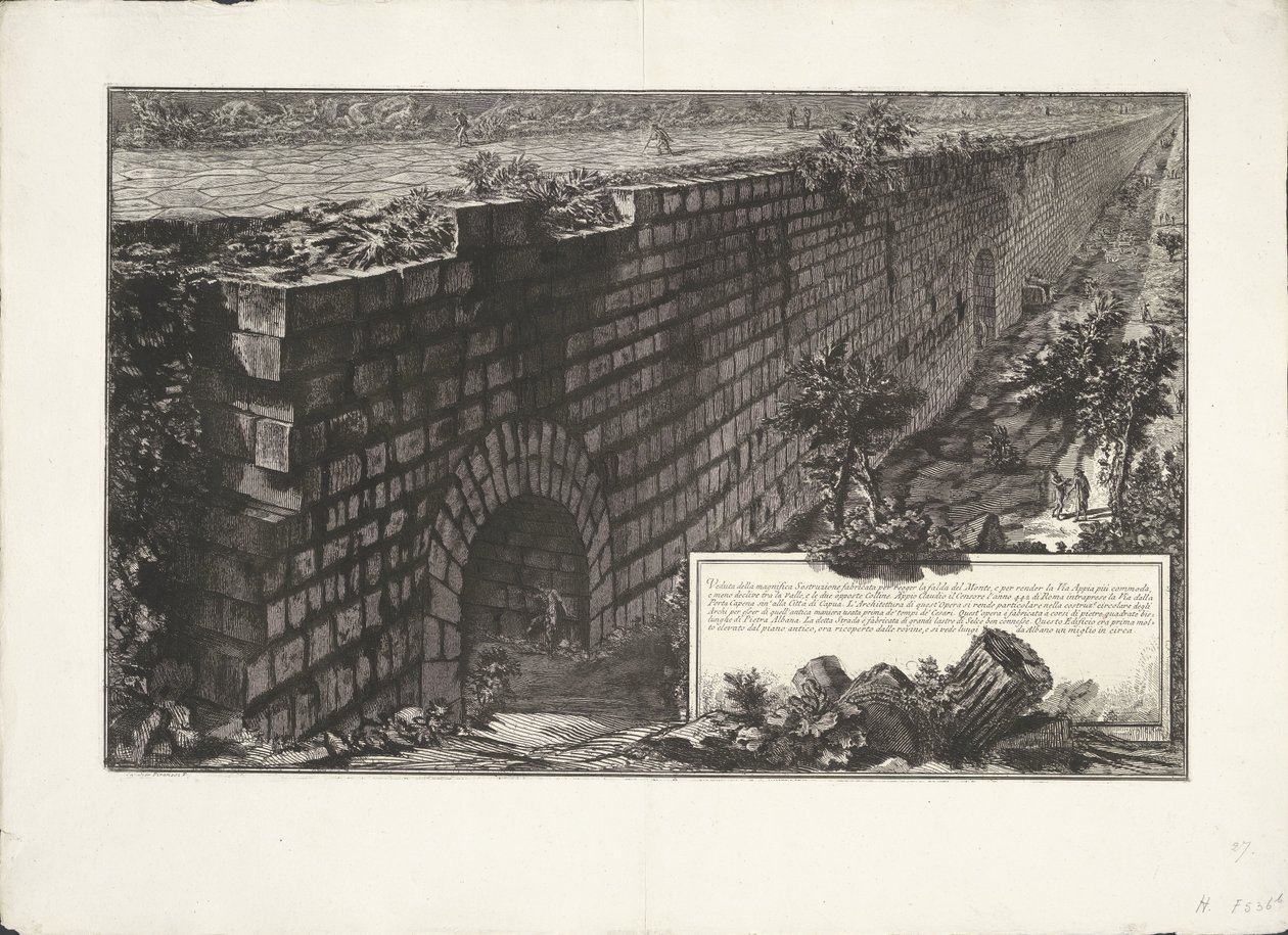 Construction murale (Veduta della magnifica Sostruzione fabbricata per regger la falda del Monte, e per render la via Appia più commoda e meno declive tra la valle, e le due opposte colline) - Giovanni Battista Piranesi