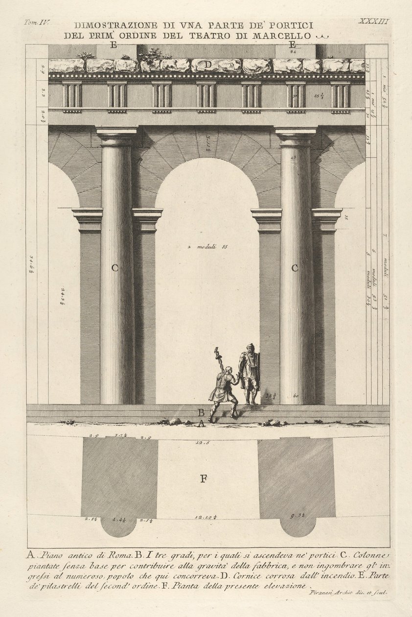 Élévation partielle et plan du portique de premier ordre au Théâtre de Marcellus - Giovanni Battista Piranesi