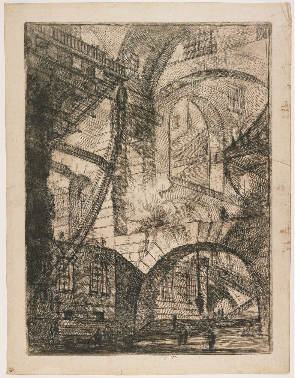 Perspective des arches, avec un feu fumant, Planche 6 de Carceri d