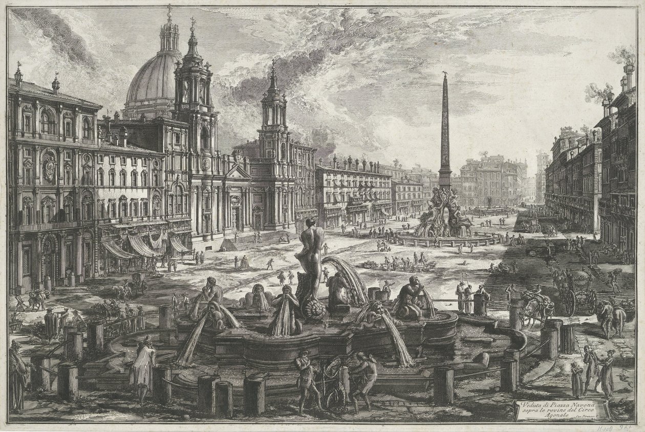 Piazza Navona à Rome (Veduta di Piazza Navona sopra le rovine del Circo Agonale) (série: Vues de Rome) (série: Vedute di Roma disegnate ed incise da Giambattista Piranesi architetto Veneziano) - Giovanni Battista Piranesi