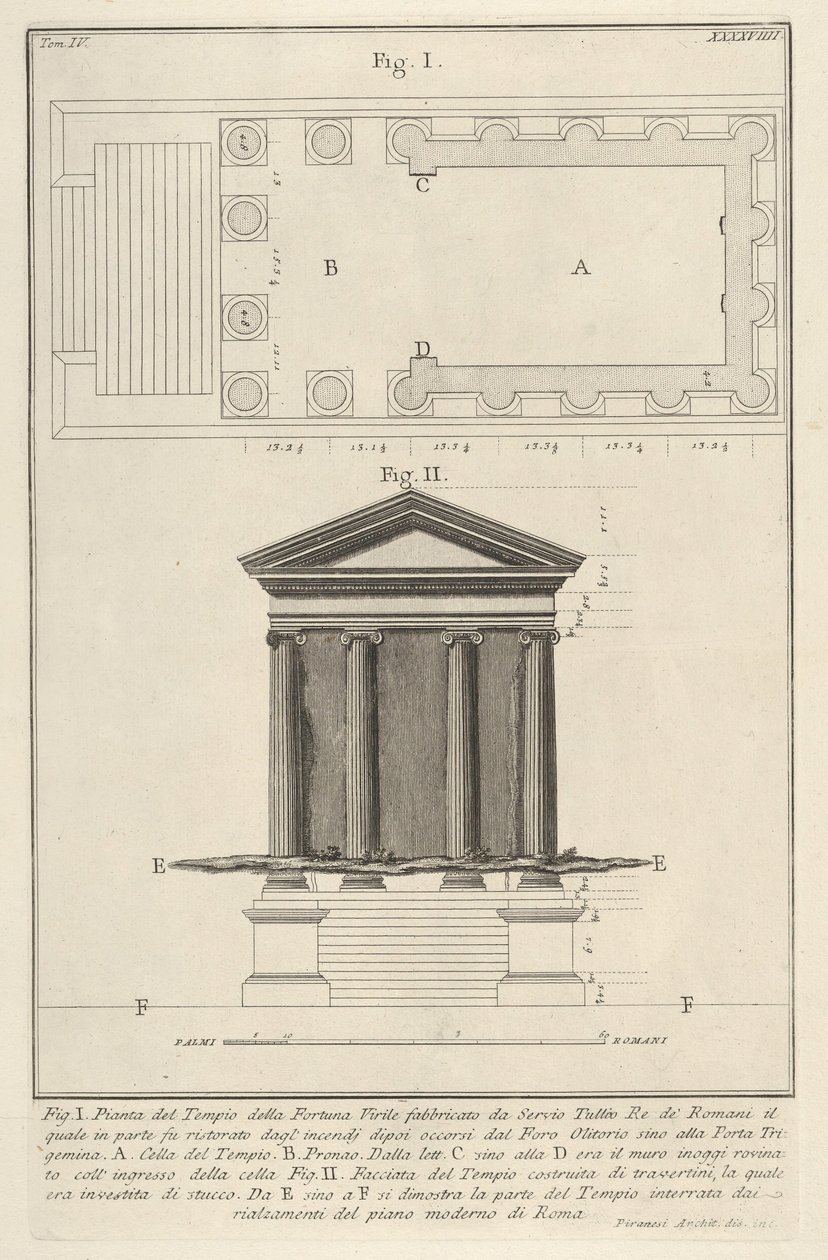 Plan et façade du Temple de Fortuna Virilis (Tempio della Fortuna Virile), de la s..., 1756 - Giovanni Battista Piranesi