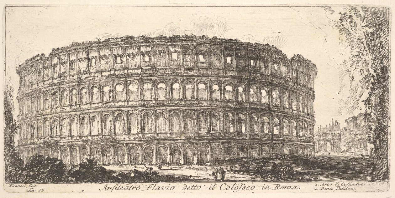 Planche 12 : Amphithéâtre Flavien, appelé le Colisée. 1. Arc de Constantin. 2. Palat..., vers 1748 - Giovanni Battista Piranesi