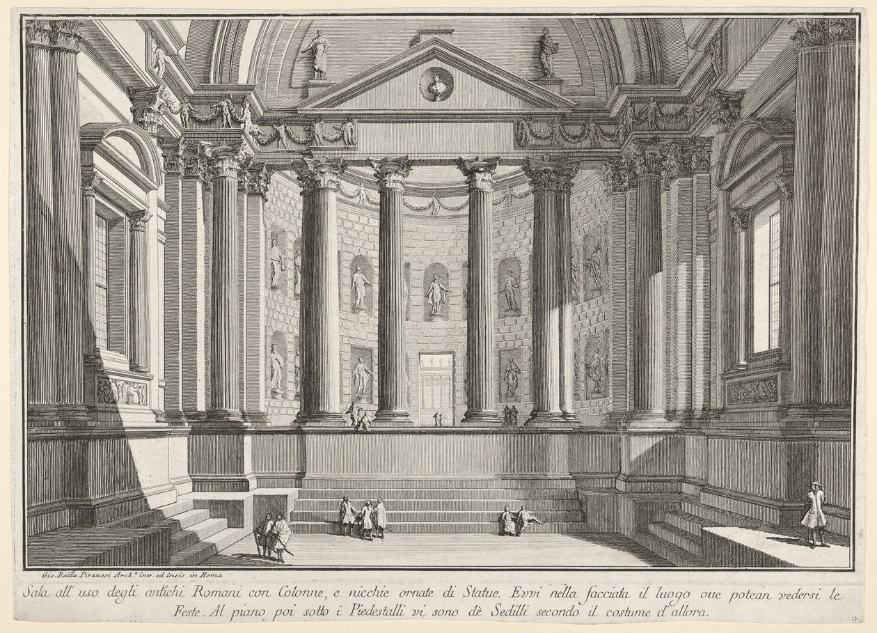 Planche 9 : Salle à colonnes selon la coutume des anciens Romains (...), tirée de « Première partie d