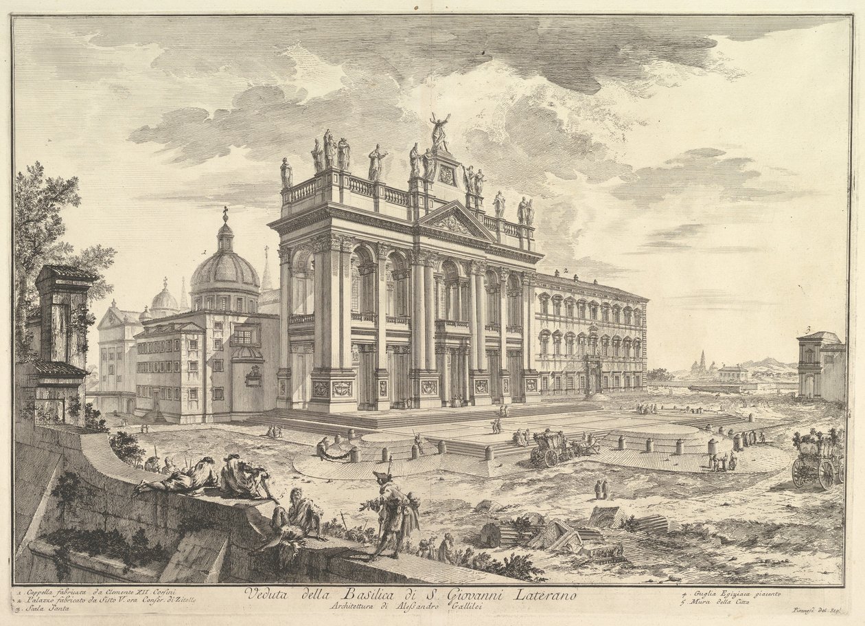 S. Giovanni in Laterano, façade principale, avec le palais et la Scala Santa à droite (Veduta della Basilica di S. Giovanni Laterano), de «Vedute di Roma» - Giovanni Battista Piranesi