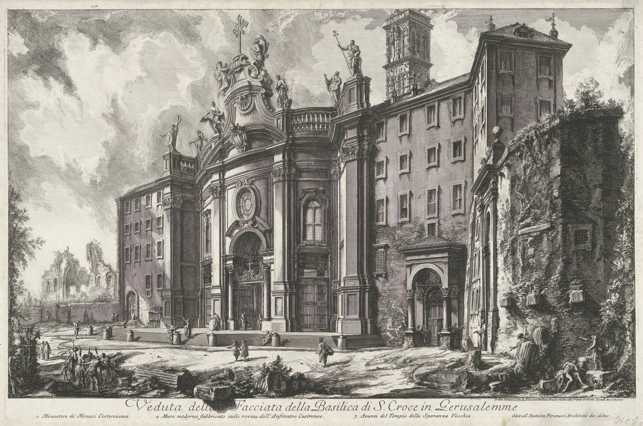 Santa Croce in Gerusalemme à Rome (Veduta della Facciata della Basilica di S. Croce in Gerusalemme) (série: Vues de Rome) (série: Vedute di Roma disegnate ed incise da Giambattista Piranesi architetto Veneziano) - Giovanni Battista Piranesi