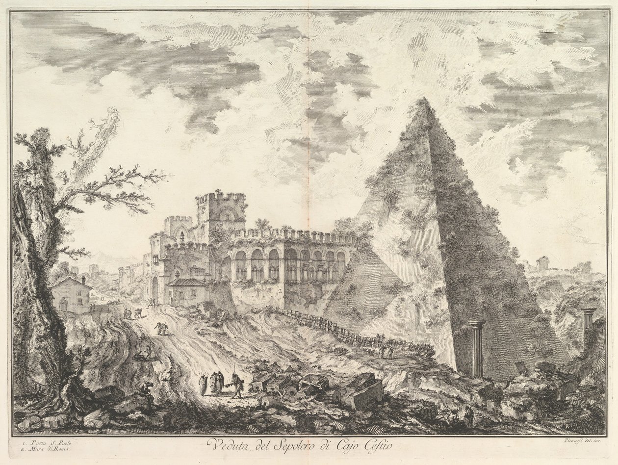 La Pyramide de Caius Cestius, avec la Porta S. Paolo et la route adjacente, ca. 1755 - Giovanni Battista Piranesi
