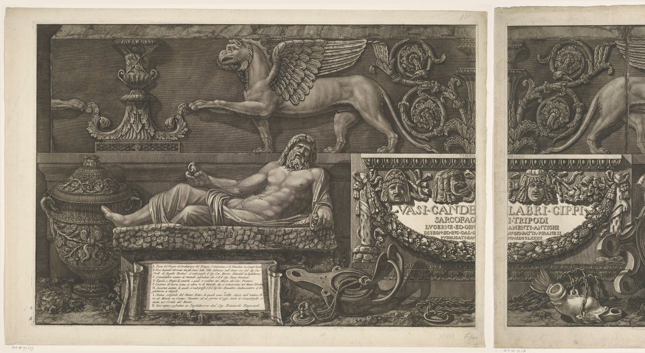 Page de titre avec sculptures, reliefs sculptés et un sarcophage avec titre Vases, chandeliers, pierres tombales, sarcophages, trépieds, lampes et ornements conçus et gravés par Giovanni Battista Piranesi (titre de la série) Vasi, candelabri, cippi, sarcof - Giovanni Battista Piranesi