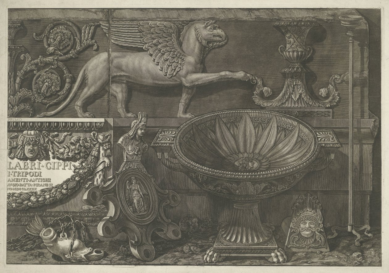 Page de titre avec sculptures, reliefs sculptés et un sarcophage avec titre (partie droite) - Giovanni Battista Piranesi