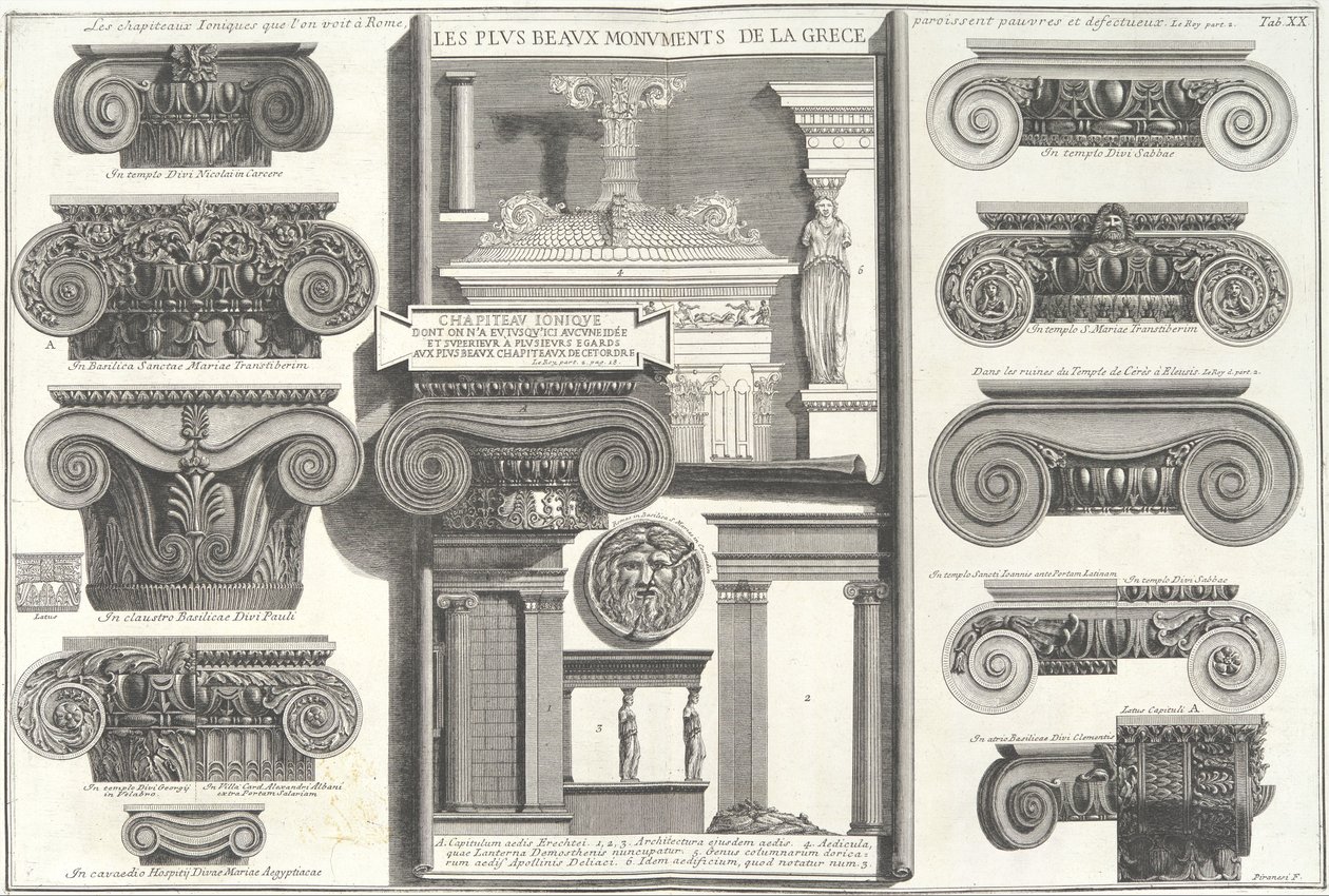 Divers chapiteaux ioniques romains comparés à des exemples grecs, milieu du 18ème siècle - Giovanni Battista Piranesi
