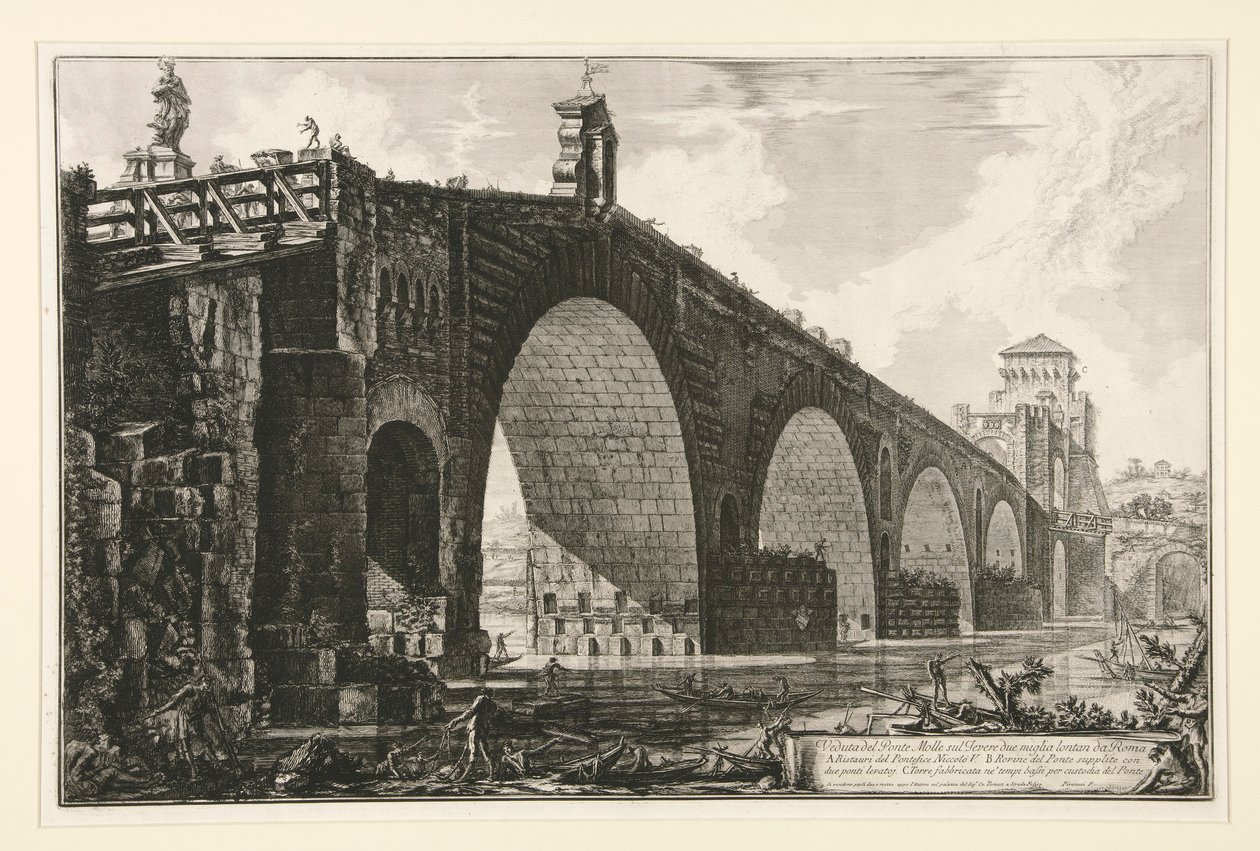 Veduta del Ponte Molle sul Tevere due miglia lontan da Roma (Vue du pont Milvius sur le Tibre à deux miles de Rome), de Vedute di Roma - Giovanni Battista Piranesi