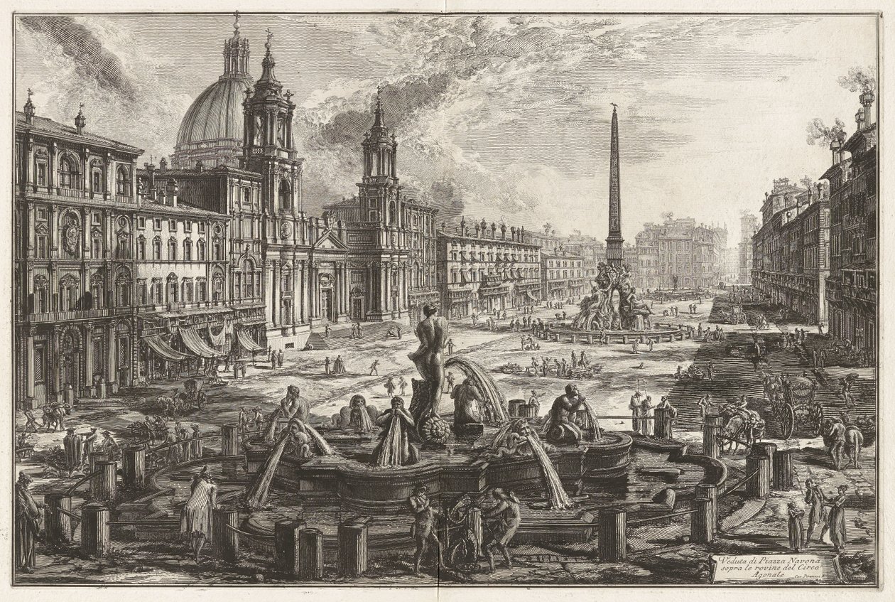 Vue de la piazza Navona au-dessus des ruines du cirque Agonalis [cirque de Domitien], tirée des Vedute di Roma (Vues de Rome) - Giovanni Battista Piranesi