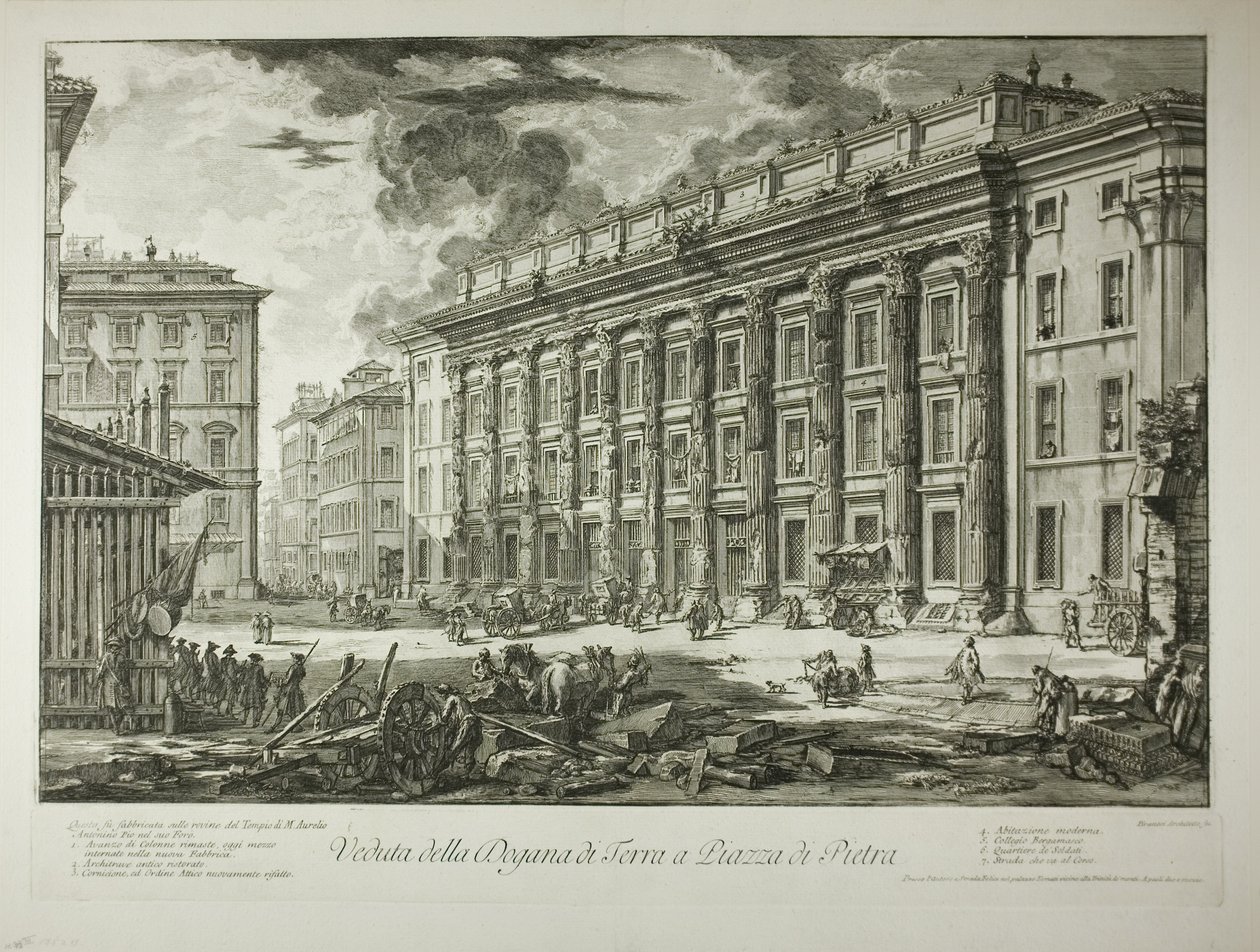 Vue de la Douane sur la Piazza di Pietra, construite dans les ruines du Temple de Marc Aurèle Antonin dans son Forum, extrait de Vues de Rome - Giovanni Battista Piranesi