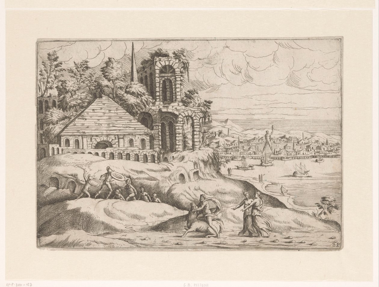 Paysage avec ruines antiques et le Colosse de Rhodes - Giovanni Battista Pittoni (I)