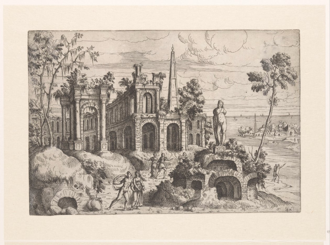 Paysage avec ruines antiques, sculpture et obélisque, Paysages avec ruines (titre de la série) - Giovanni Battista Pittoni (I)