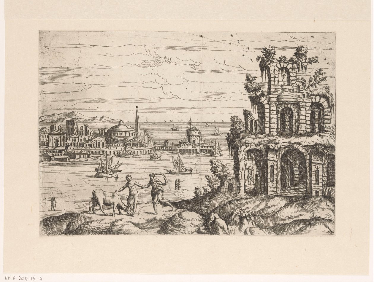 Paysage urbain avec ruines et architecture fantastique au bord de l