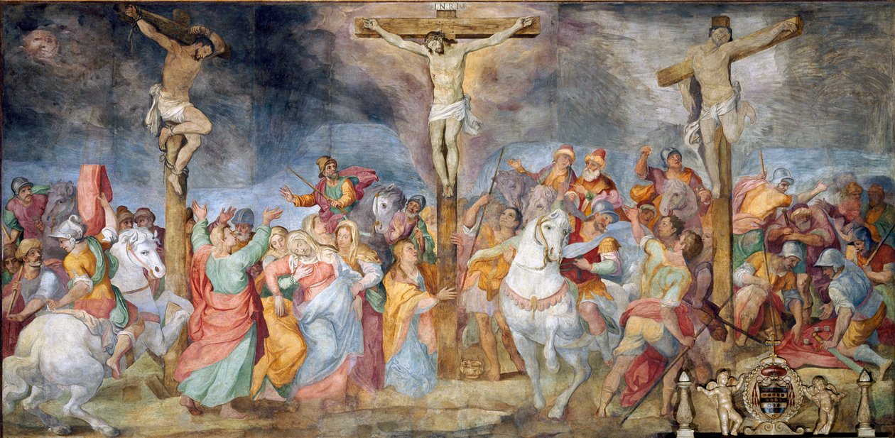 La Crucifixion Inri (I.N.R.I.) inscription sur la croix. Sur les côtés, représentation du bon larron (aussi appelé Saint Dismas (ou Dysmas, Dimas, Dumas) et du mauvais larron (Gesmas ou Gestas), deux voleurs crucifiés avec Jésus-Christ. Fresque de Giovanni - Giovanni Battista Ricci