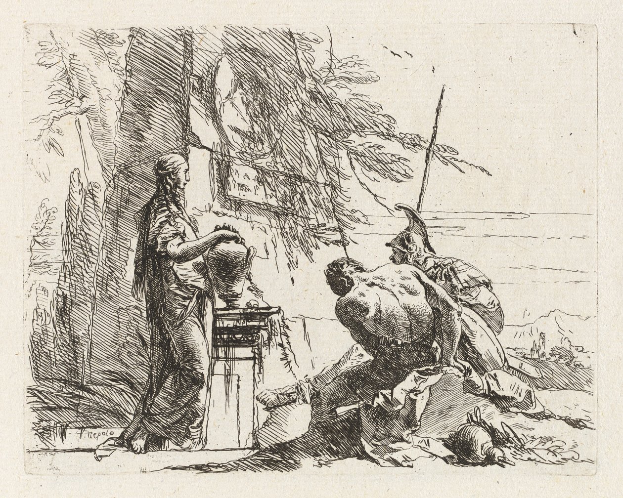 Une femme avec ses mains sur un vase, un soldat et un esclave, de Vari capricci - Giovanni Battista Tiepolo