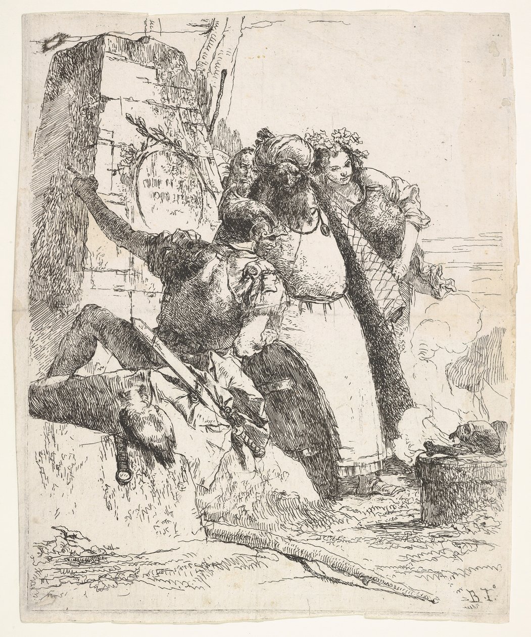 Une scène de nécromancie : une femme portant un récipient, un homme turbané et un soldat regardant - Giovanni Battista Tiepolo