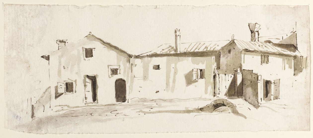 Bâtiments de ferme aux portes ouvertes, pont et portail - Giovanni Battista Tiepolo